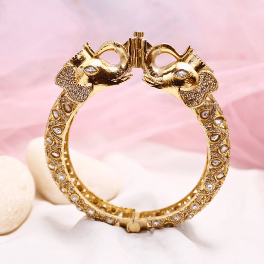 Rajwadi Transparent Stone Elephant Kada – Antique Gold Finish Statement Kada
