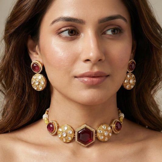 Red Kundan Choker Necklace Set – Handcrafted Gold-Plated Bridal Jewellery