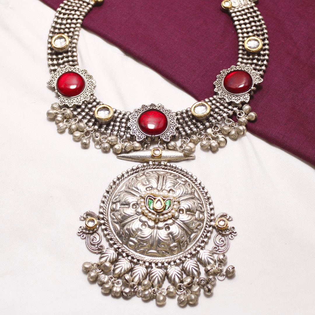 RED Oxidised Silver Hasli Necklace Set with Earrings – Tribal Statement Jewellery
