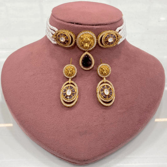 Regal Lion Motif Gold-Plated Pearl Choker Set with Earrings