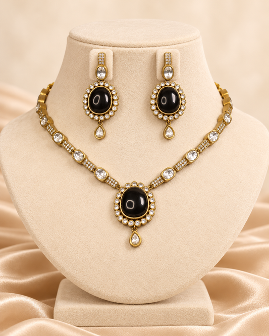 Oval Stone Drop Necklace Set - Black and Clear — AI-styled mannequin view — earlier image retained