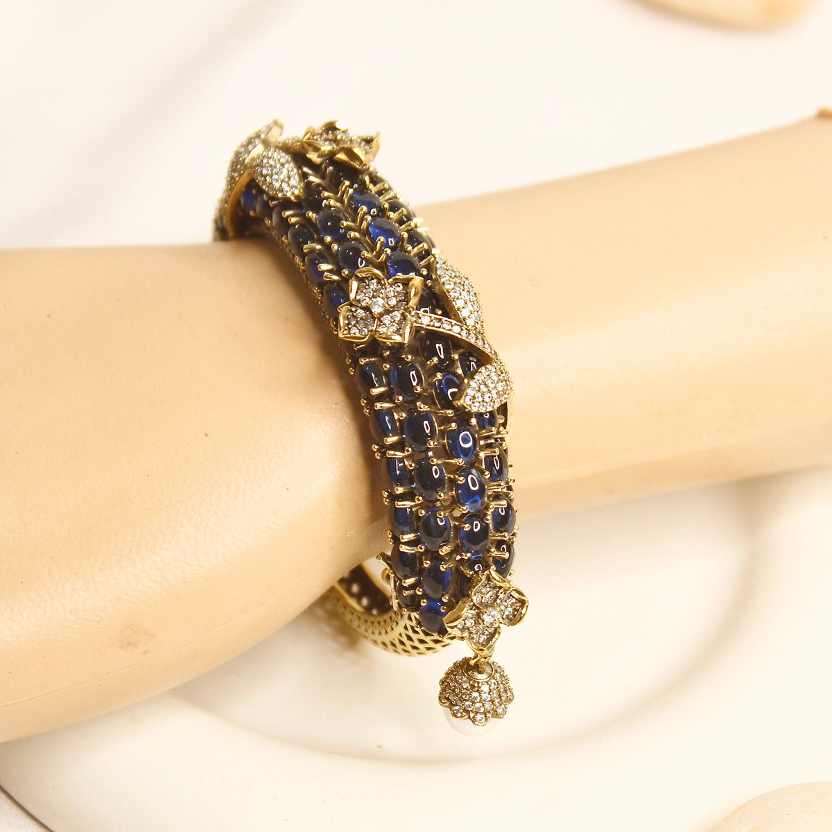 Royal Blue Beaded Leaf Motif Layered Kada – wrist view
