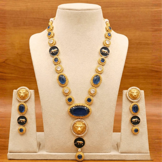 Royal Panther Blue Long Necklace Set – Handcrafted Gold-Plated Heritage Jewellery