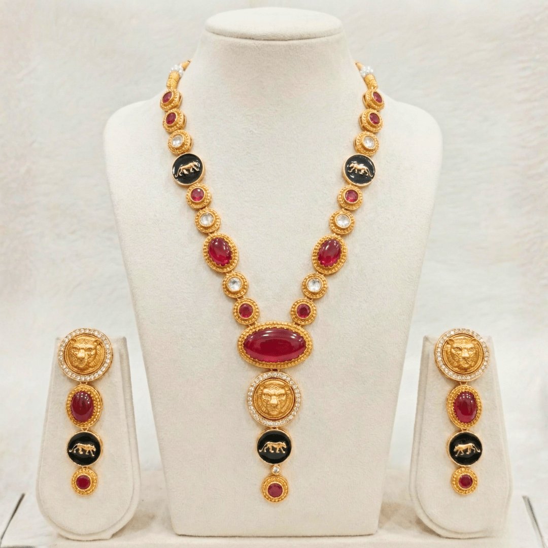Royal Panther Ruby Red Long Necklace Set – Handcrafted Gold-Plated Heritage Jewellery