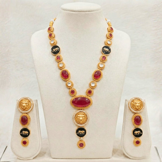 Royal Panther Ruby Red Long Necklace Set – Handcrafted Gold-Plated Heritage Jewellery