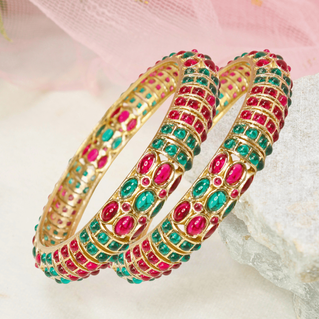 RUBY - EMARALD NAGINA BANGLES - GOLDEN FINISH - SET OF 2