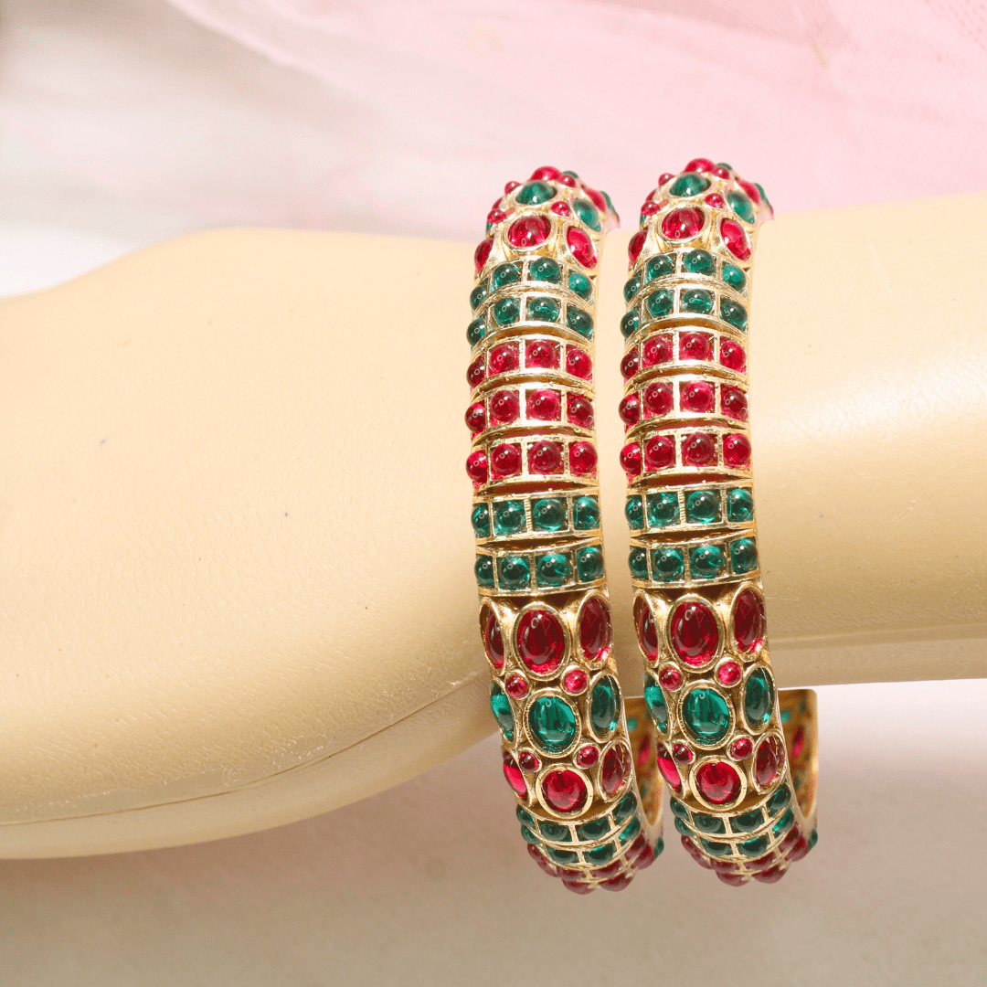 RUBY - EMARALD NAGINA BANGLES - GOLDEN FINISH - SET OF 2