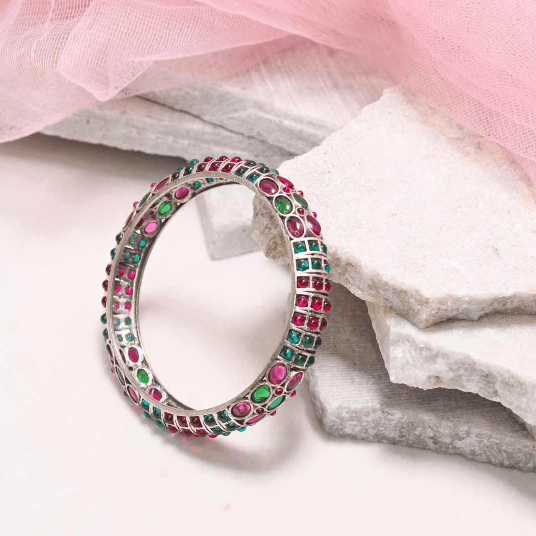 RUBY - EMARALD NAGINA BANGLES - SILVER FINISH - SET OF 2