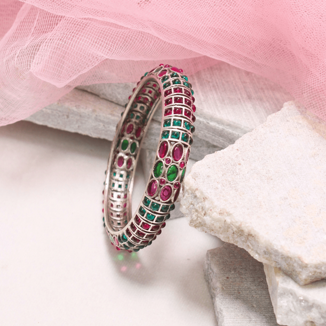 RUBY - EMARALD NAGINA BANGLES - SILVER FINISH - SET OF 2