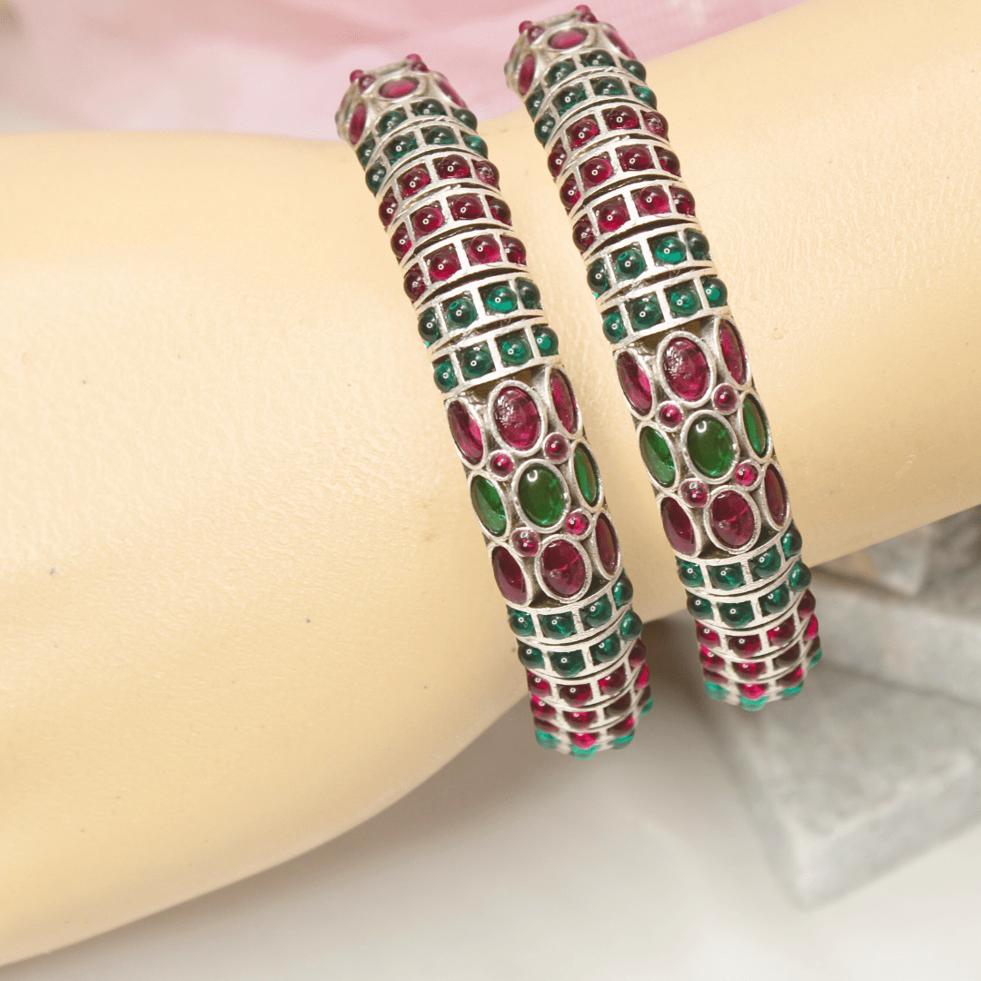RUBY - EMARALD NAGINA BANGLES - SILVER FINISH - SET OF 2