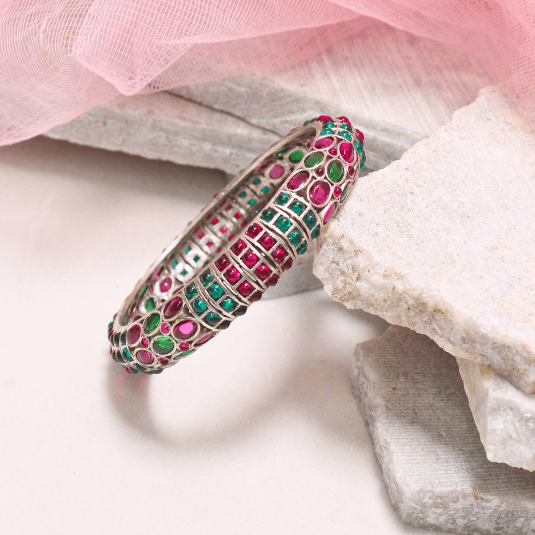 RUBY - EMARALD NAGINA BANGLES - SILVER FINISH - SET OF 2