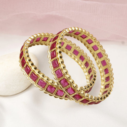 Ruby Pink Stone Bangles Set of 2 – Gold Plated Bridal & Festive Bangles
