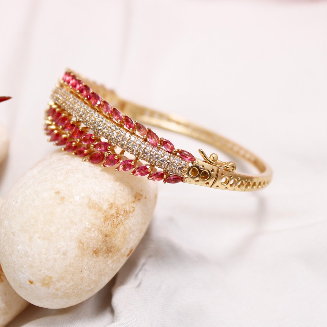 Ruby Red Leaf Design AD Openable Kada – Gold Finish Bracelet