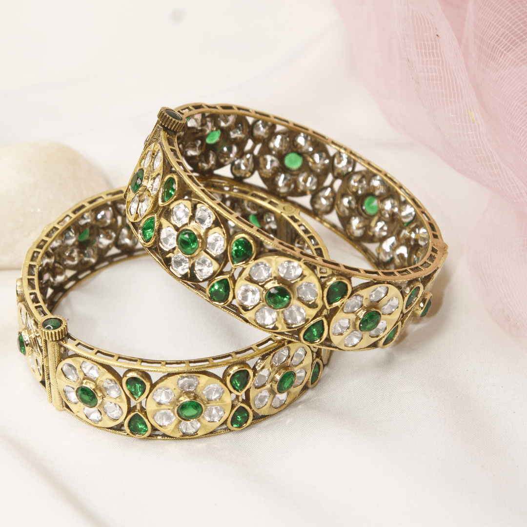 Sabyasachi - Inspired Green & Polki Kada (Set of 2) – Navraee Antique Gold Bangl