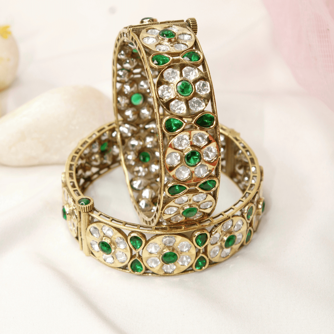 Sabyasachi - Inspired Green & Polki Kada (Set of 2) – Navraee Antique Gold Bangl