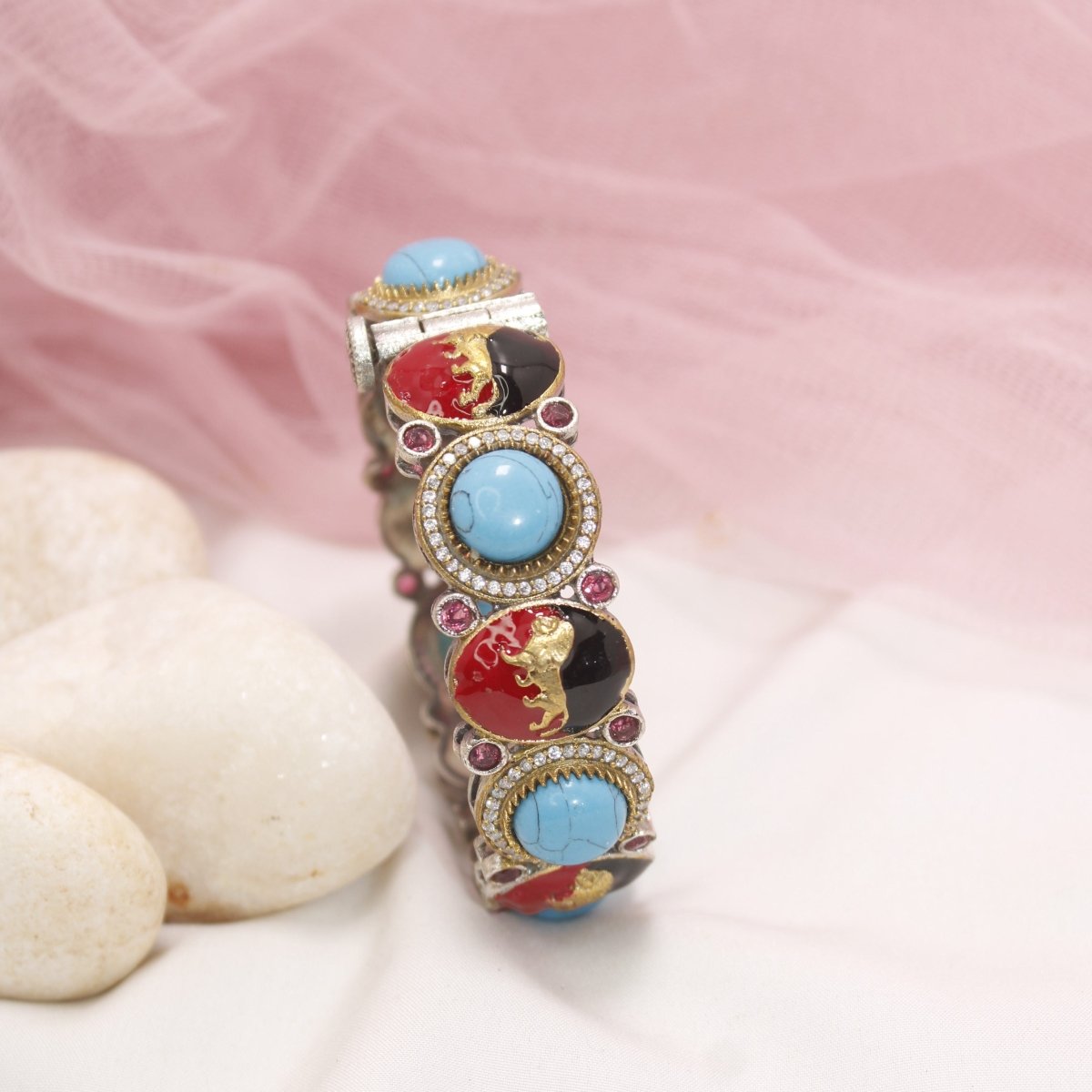 Sabyasachi - Inspired Meenakari Kada Turquoise, Red & Black