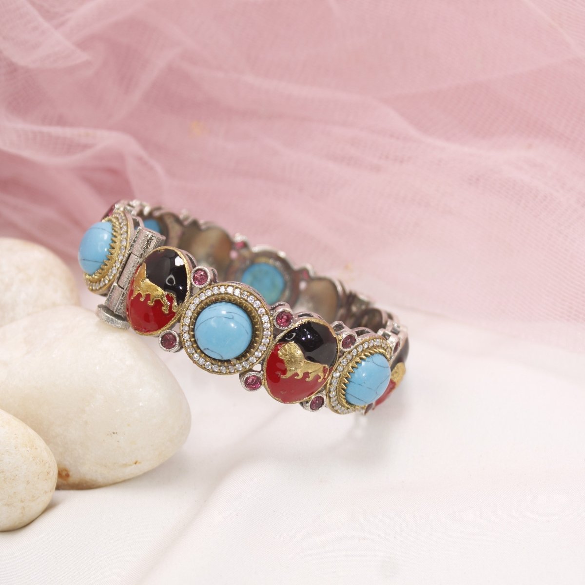 Sabyasachi - Inspired Meenakari Kada Turquoise, Red & Black
