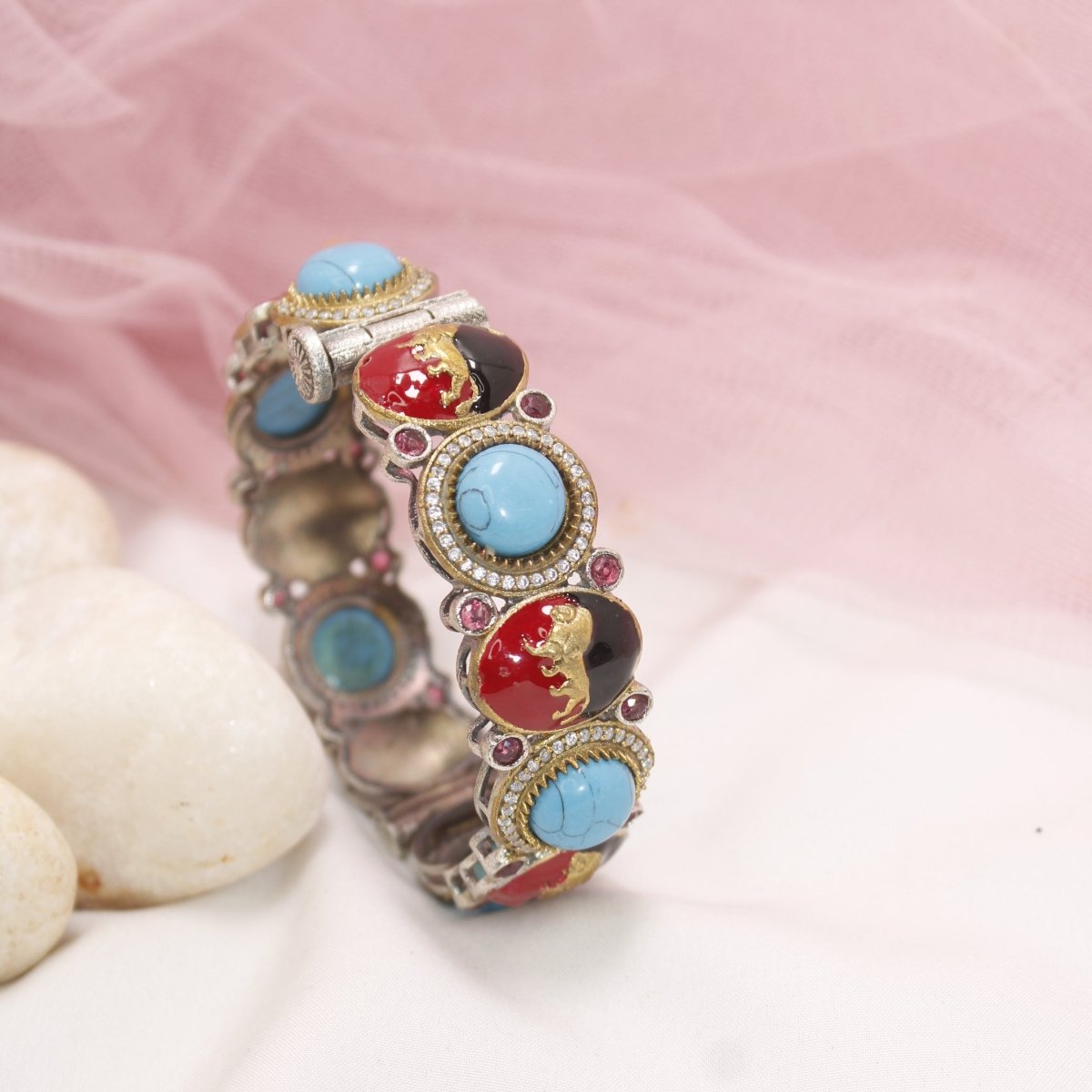 Sabyasachi - Inspired Meenakari Kada Turquoise, Red & Black