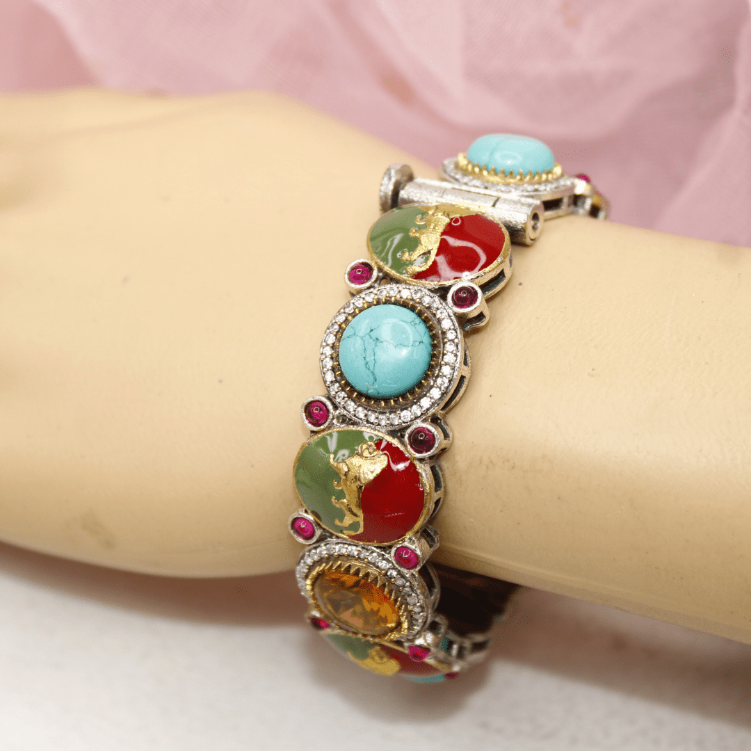 Sabyasachi - Style Multi - Stone Lion Kada – Turquoise, Red & Amber Designer Bang