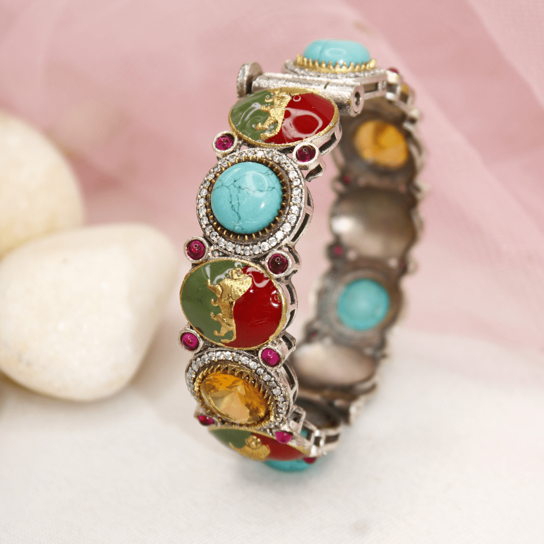 Sabyasachi - Style Multi - Stone Lion Kada – Turquoise, Red & Amber Designer Bang