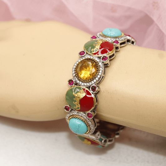 Sabyasachi - Style Multi - Stone Lion Kada – Turquoise, Red & Amber Designer Bang