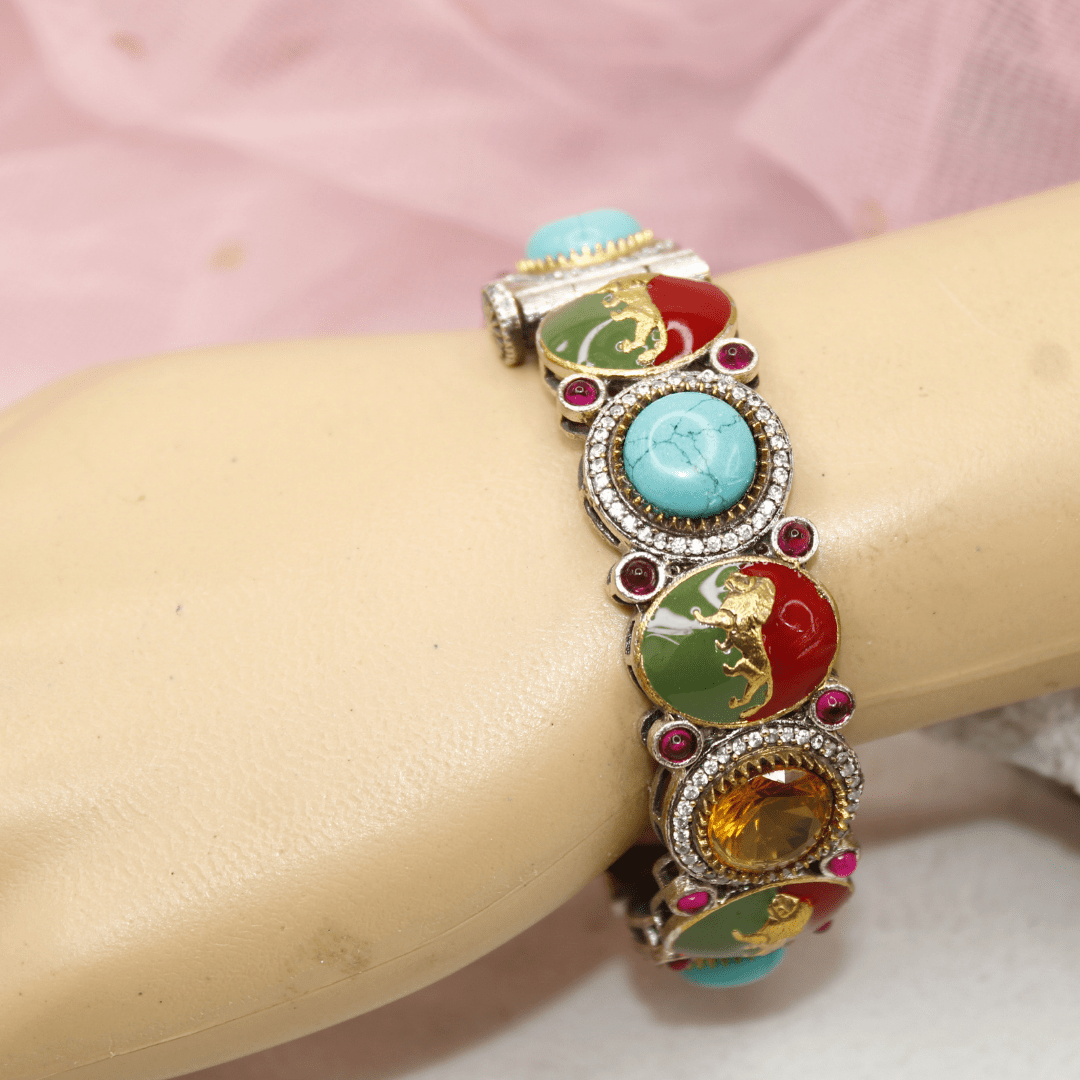 Sabyasachi - Style Multi - Stone Lion Kada – Turquoise, Red & Amber Designer Bang