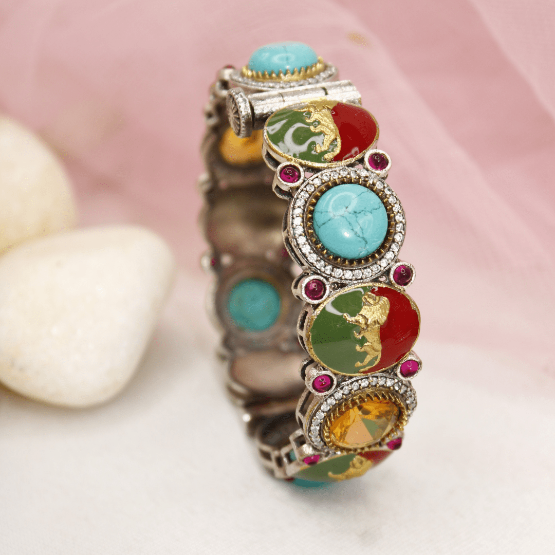 Sabyasachi - Style Multi - Stone Lion Kada – Turquoise, Red & Amber Designer Bang