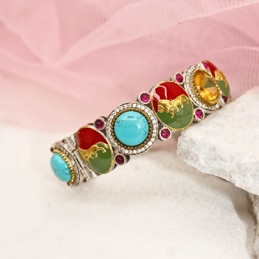 Sabyasachi - Style Multi - Stone Lion Kada – Turquoise, Red & Amber Designer Bang