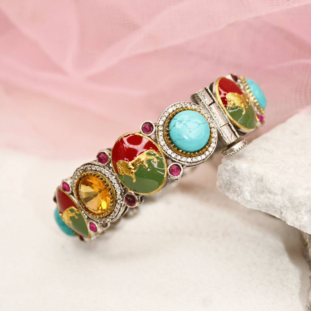 Sabyasachi - Style Multi - Stone Lion Kada – Turquoise, Red & Amber Designer Bang
