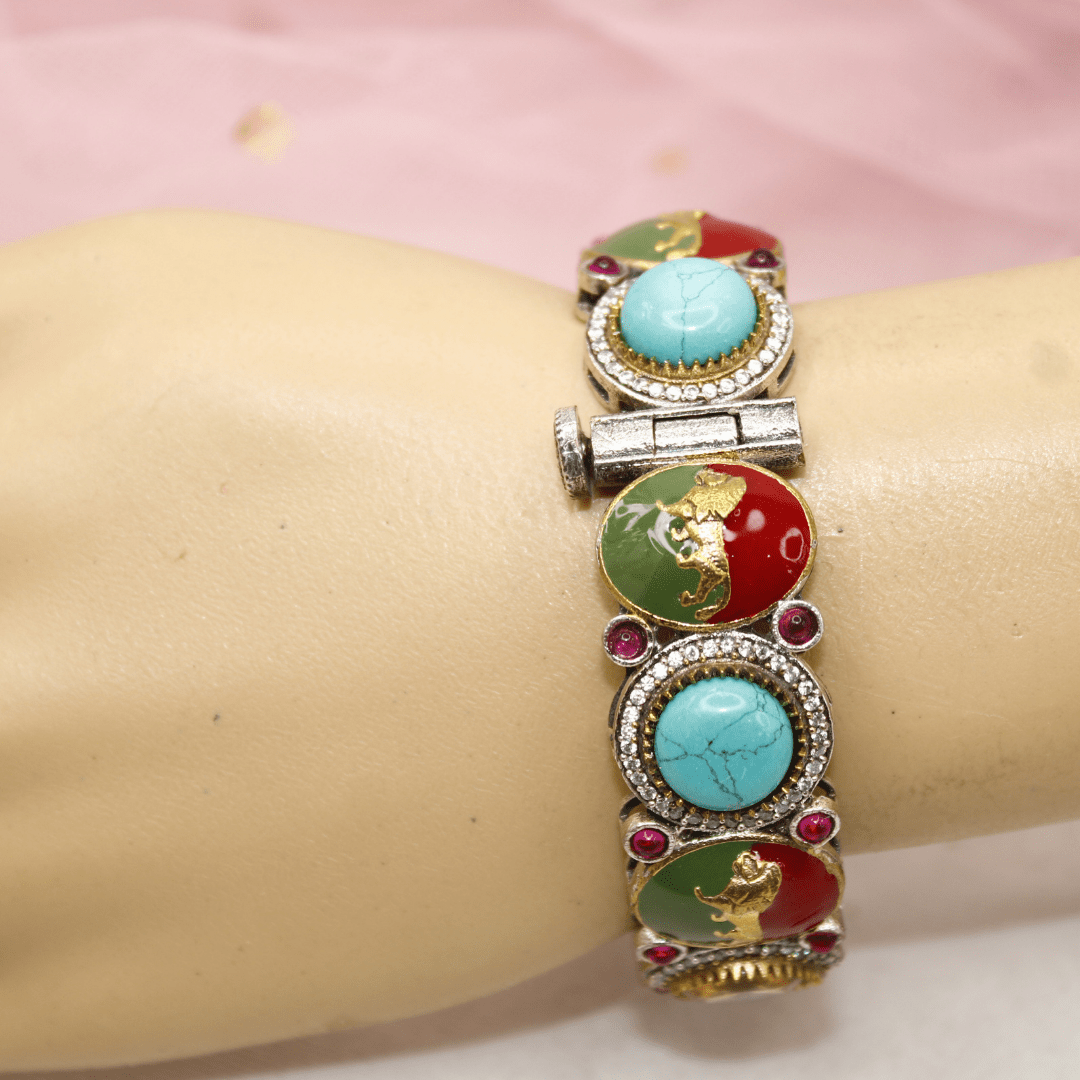Sabyasachi - Style Multi - Stone Lion Kada – Turquoise, Red & Amber Designer Bang