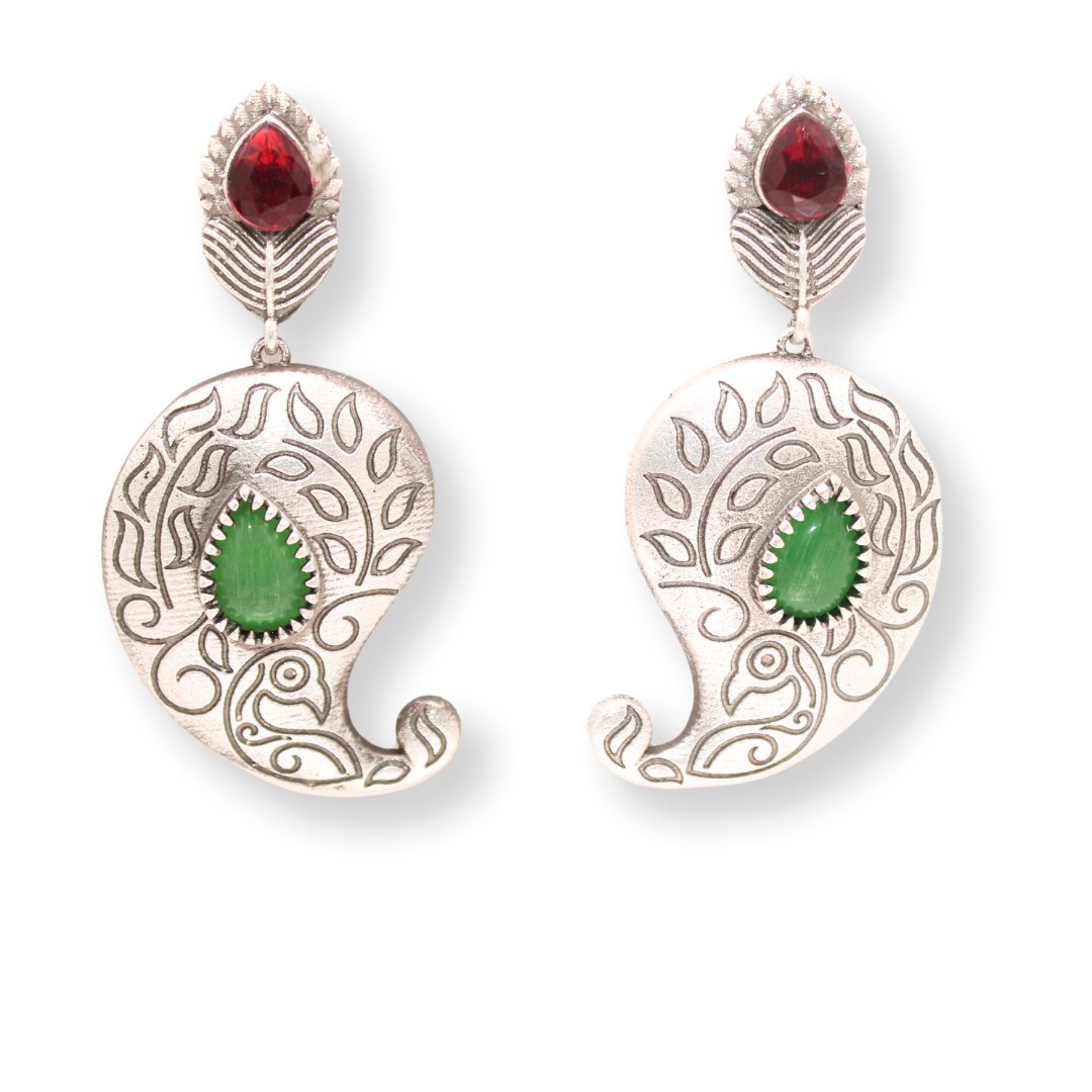 SILVER LOOK ALIKE KUNJ KALI EARRING - RED & GREEN