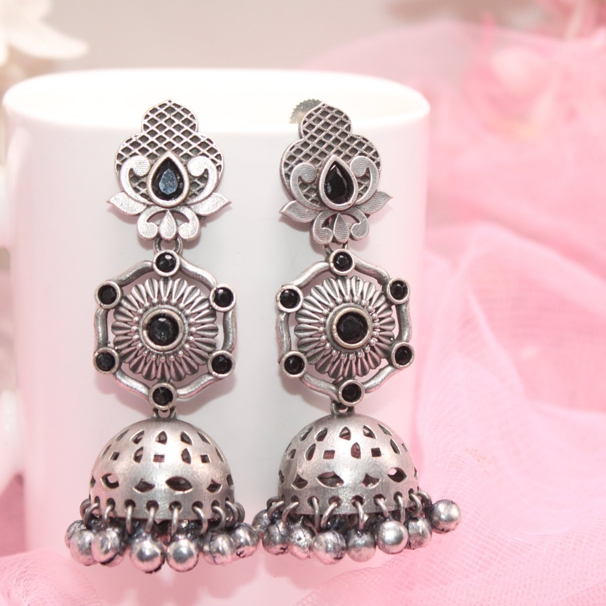 SILVER LOOK ALIKE LONG JHUMKA WITH GHUNGROO-BLACK