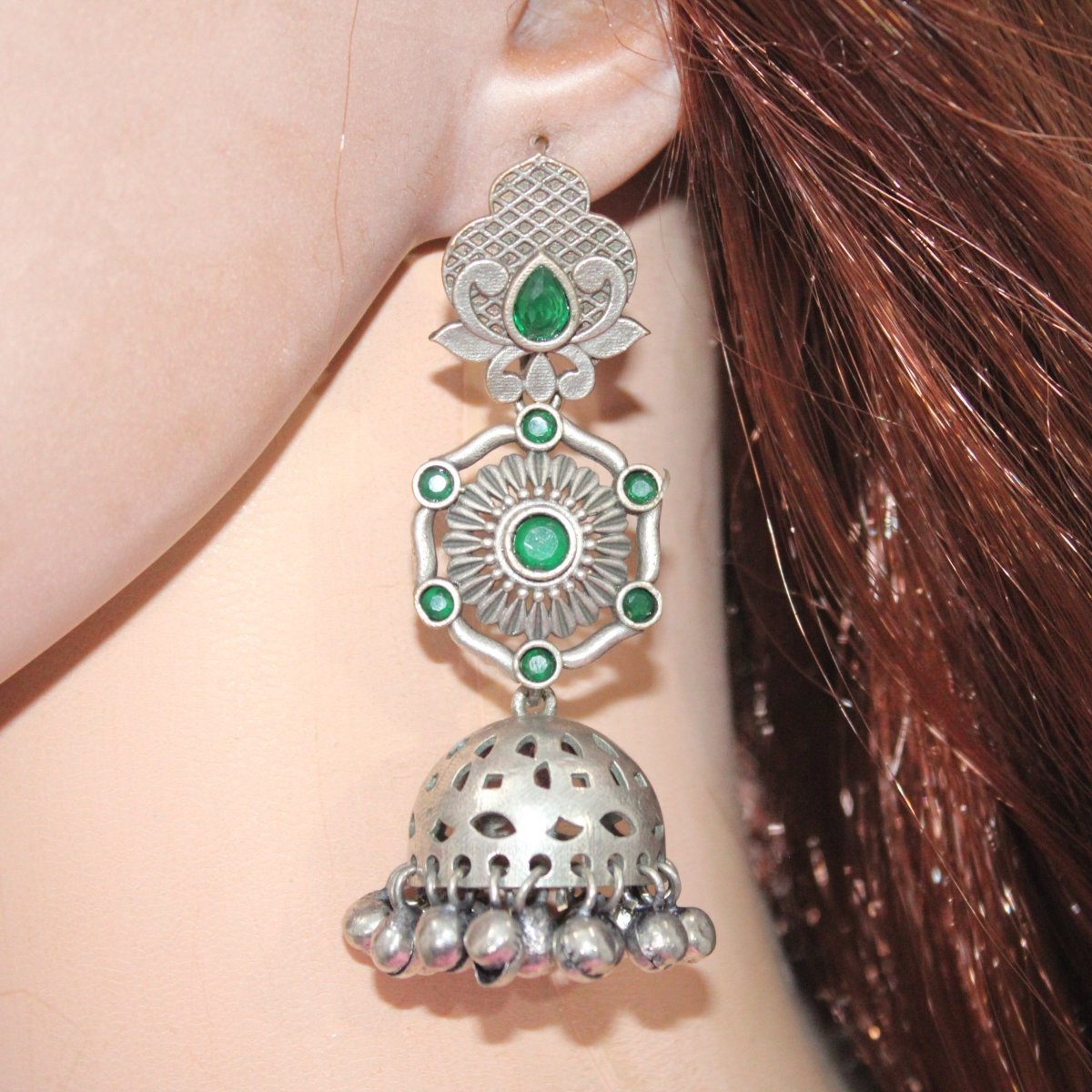 SILVER LOOK ALIKE LONG JHUMKA WITH GHUNGROO - GREEN