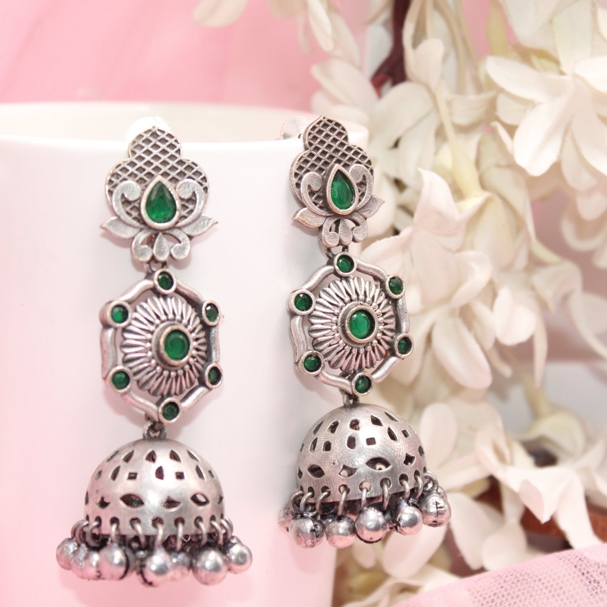 SILVER LOOK ALIKE LONG JHUMKA WITH GHUNGROO - GREEN