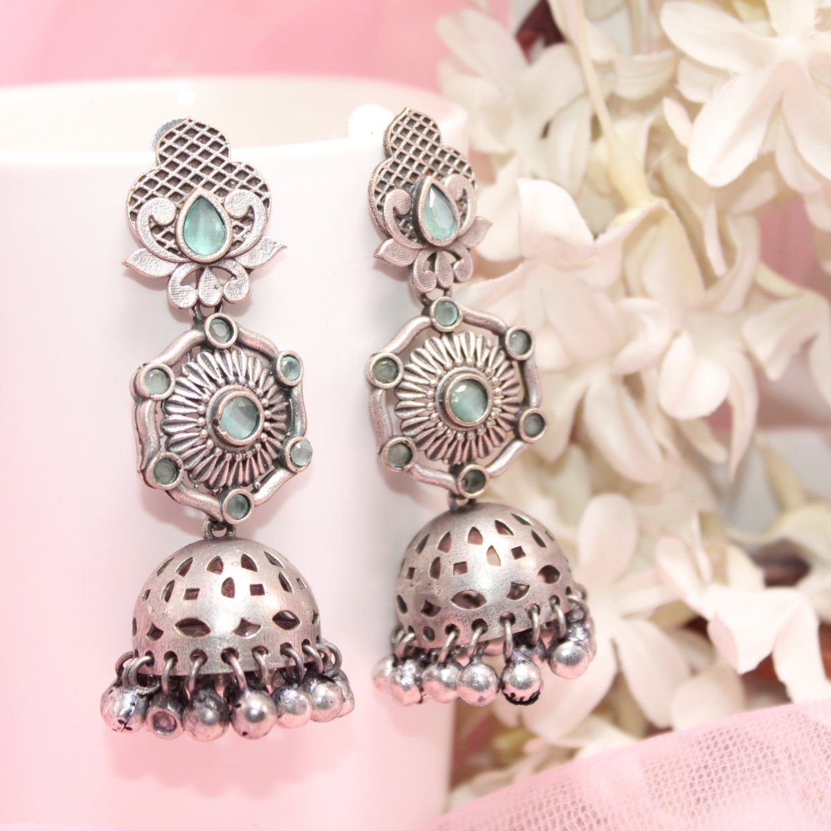 SILVER LOOK ALIKE LONG JHUMKA WITH GHUNGROO-MINT