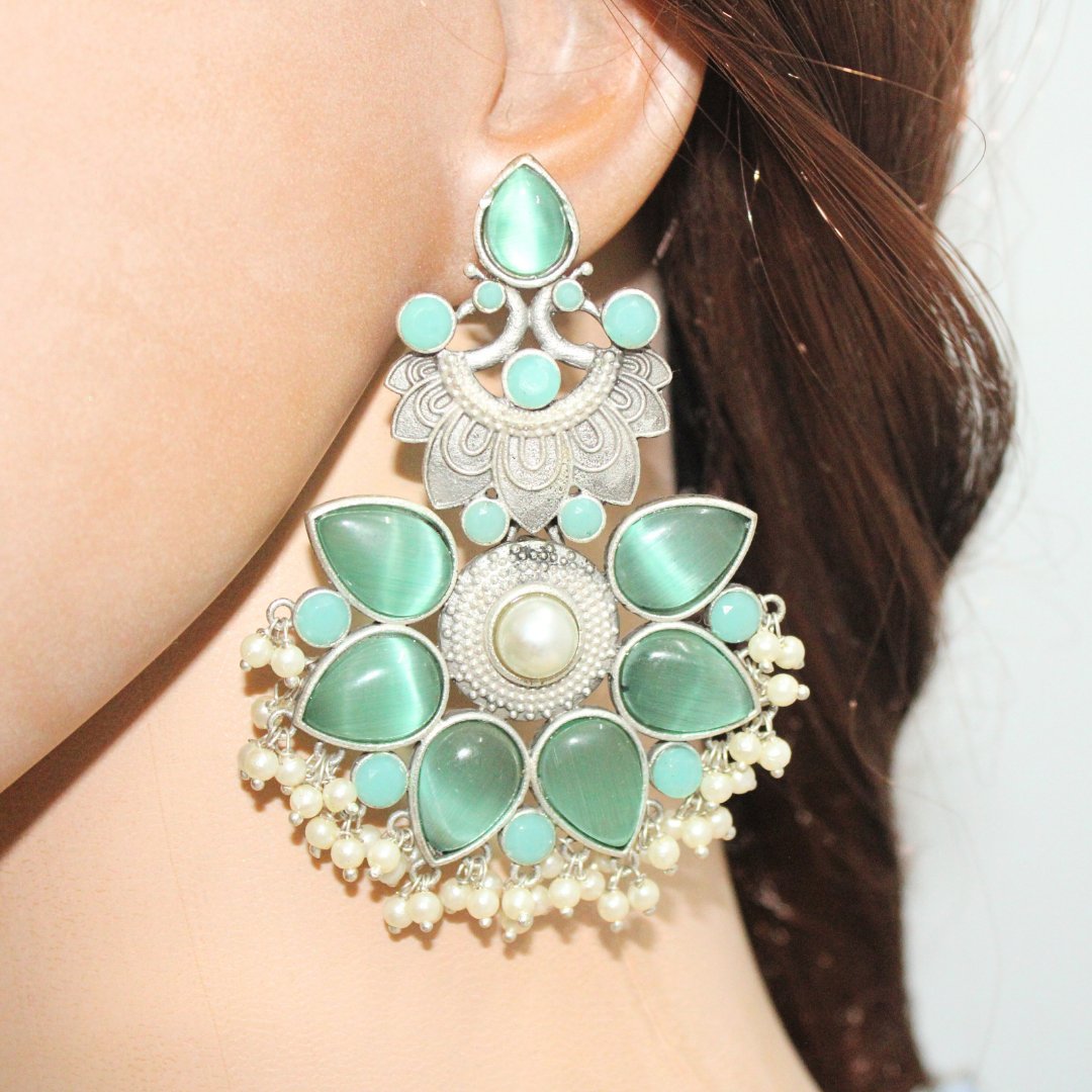 SILVER LOOK ALIKE MAYUR PANKHURI EARRING - TURQUOISE