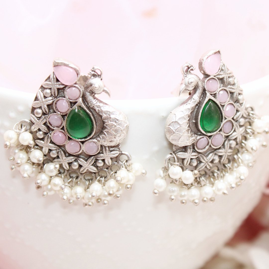 SILVER LOOK ALIKE PEACOCK STUDS - GREEN & PINK