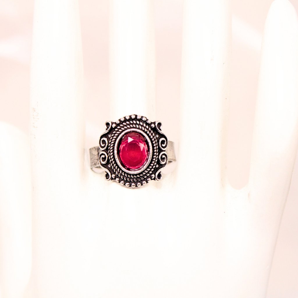 SILVER LOOK ALIKE STONE RING- MAROON
