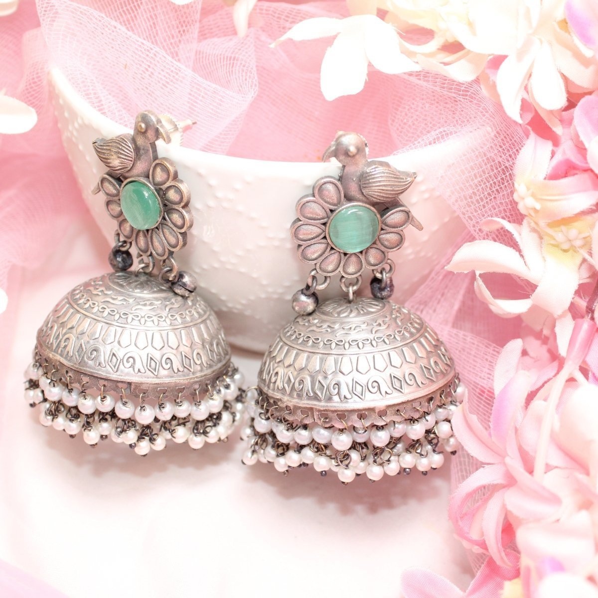 SILVER REPLICA BIRD WITH BIG JHUMKI EARRING- TURQUOISE