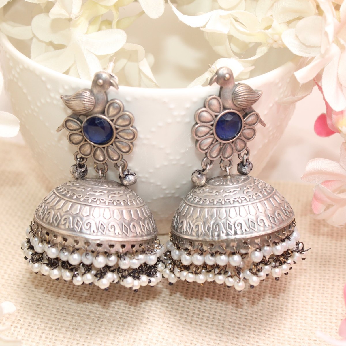 SILVER REPLICA BIRD WITH BIG JHUMKI EARRING - BLUE
