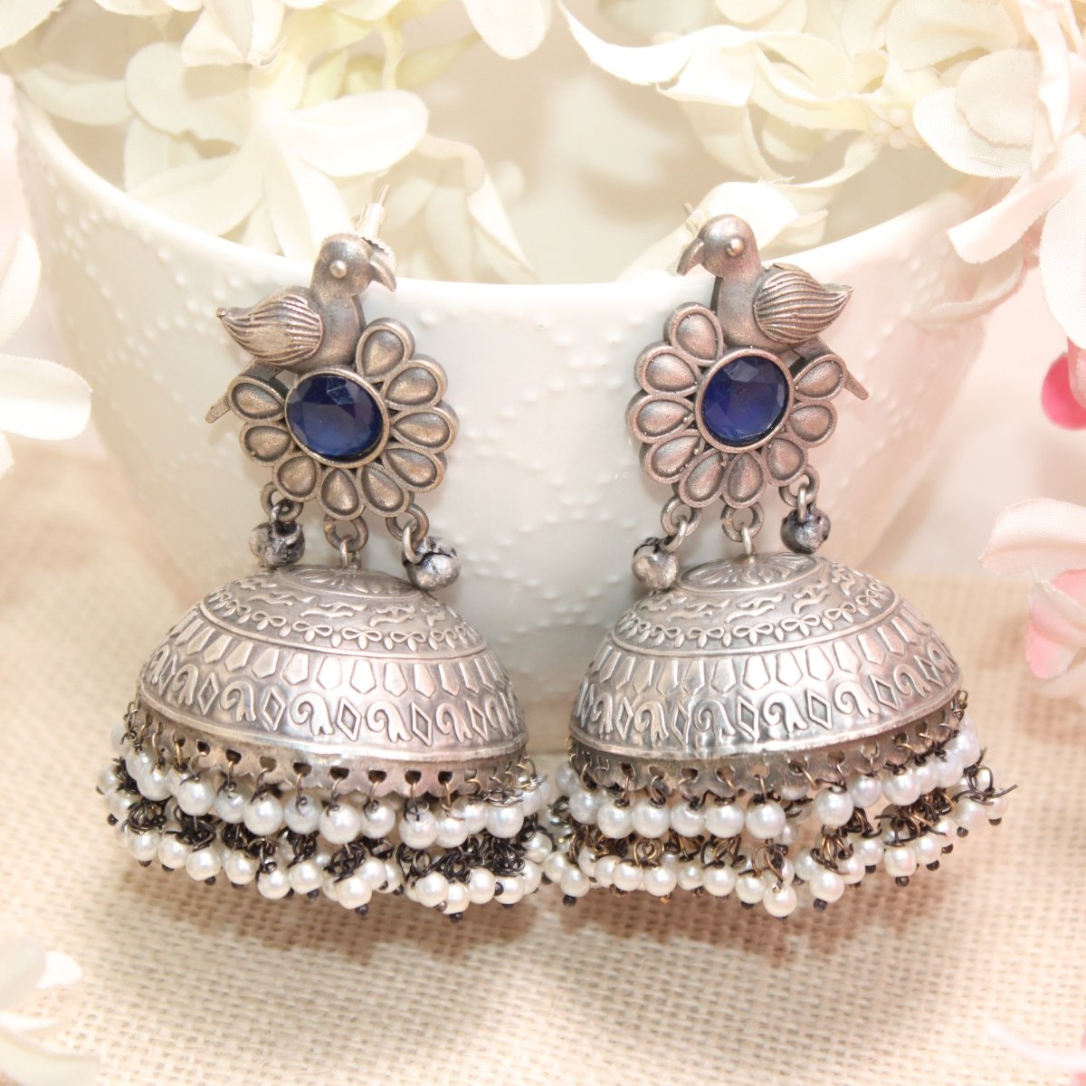 SILVER REPLICA BIRD WITH BIG JHUMKI EARRING - BLUE
