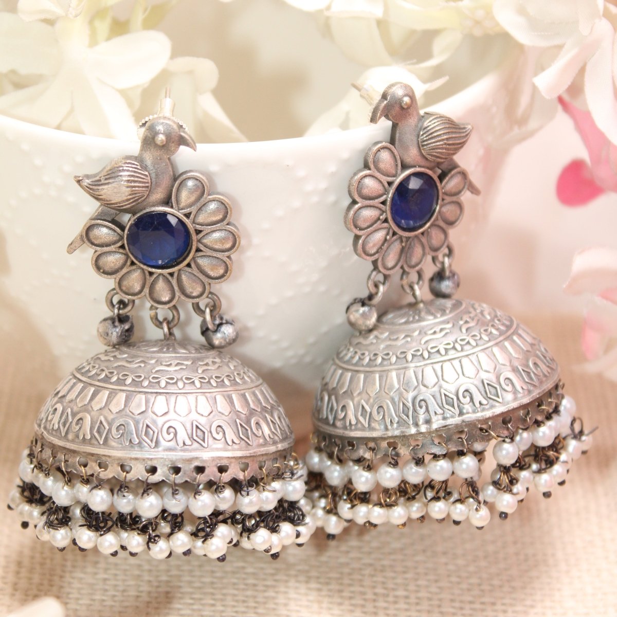 SILVER REPLICA BIRD WITH BIG JHUMKI EARRING - BLUE