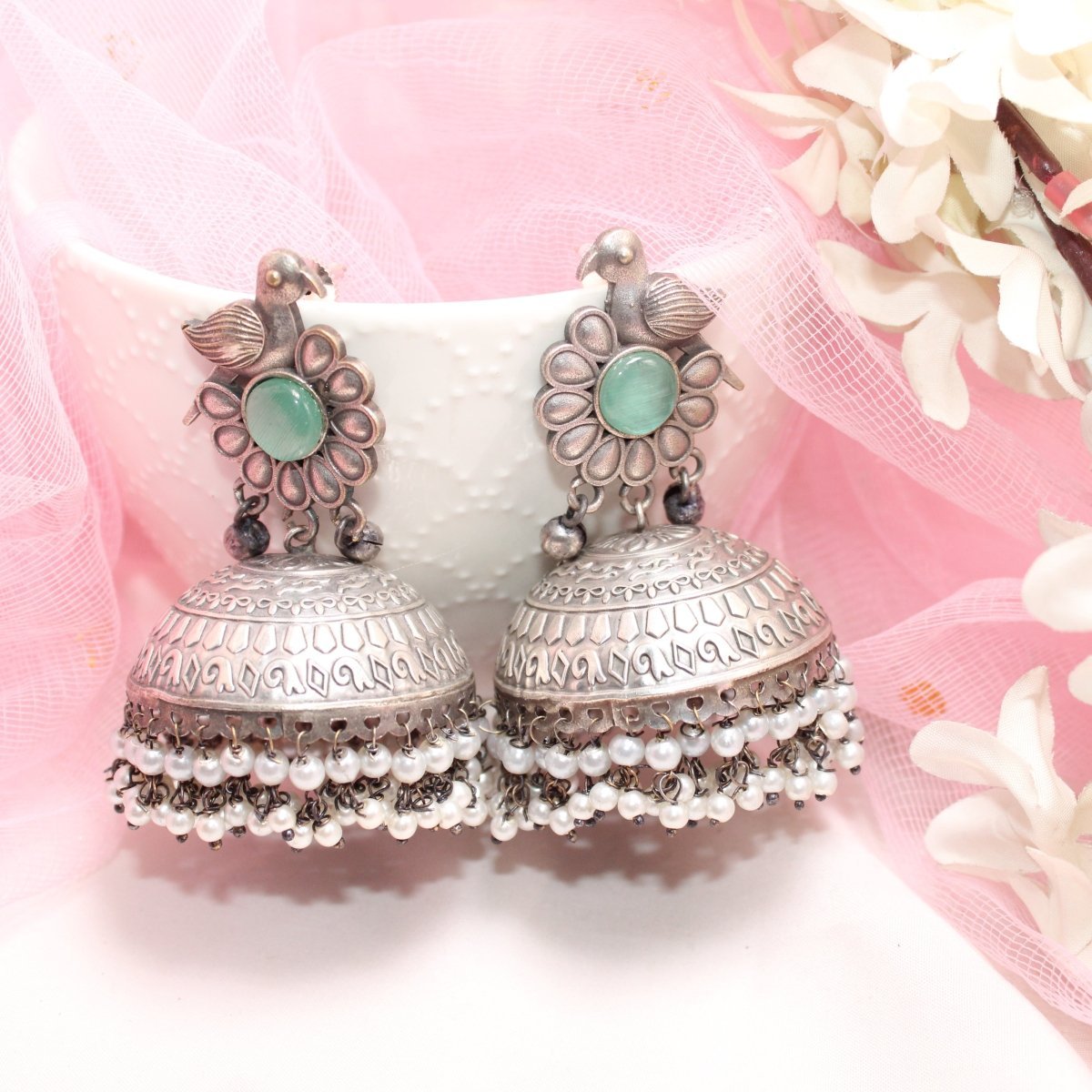 SILVER REPLICA BIRD WITH BIG JHUMKI EARRING - TURQUOISE