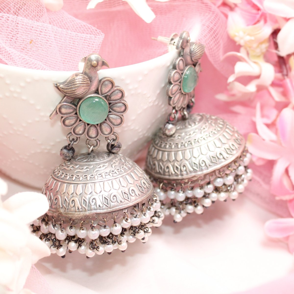 SILVER REPLICA BIRD WITH BIG JHUMKI EARRING - TURQUOISE