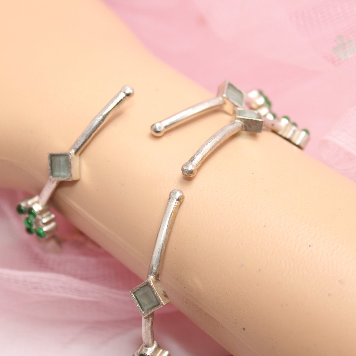 SILVER REPLICA THIN BRACELET-PAIR OF TWO-GREEN