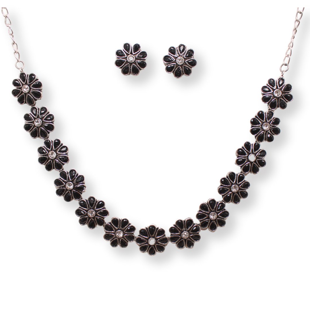 STONE FLOWER OXIDISED NECKLACE WITH MATCHING EARRINGS - BLACK