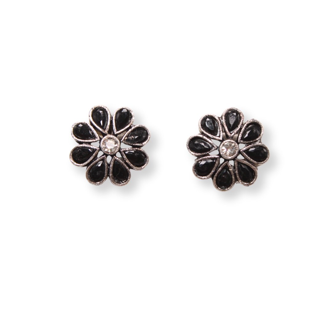 STONE FLOWER OXIDISED NECKLACE WITH MATCHING EARRINGS - BLACK