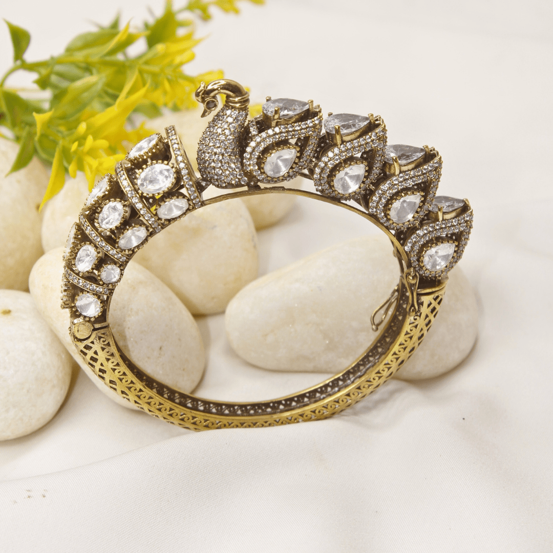 Swan Motif Polki Kada – Navraee Antique Gold Cuff Bang