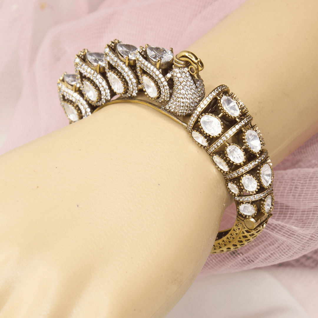 Swan Motif Polki Kada – Navraee Antique Gold Cuff Bang