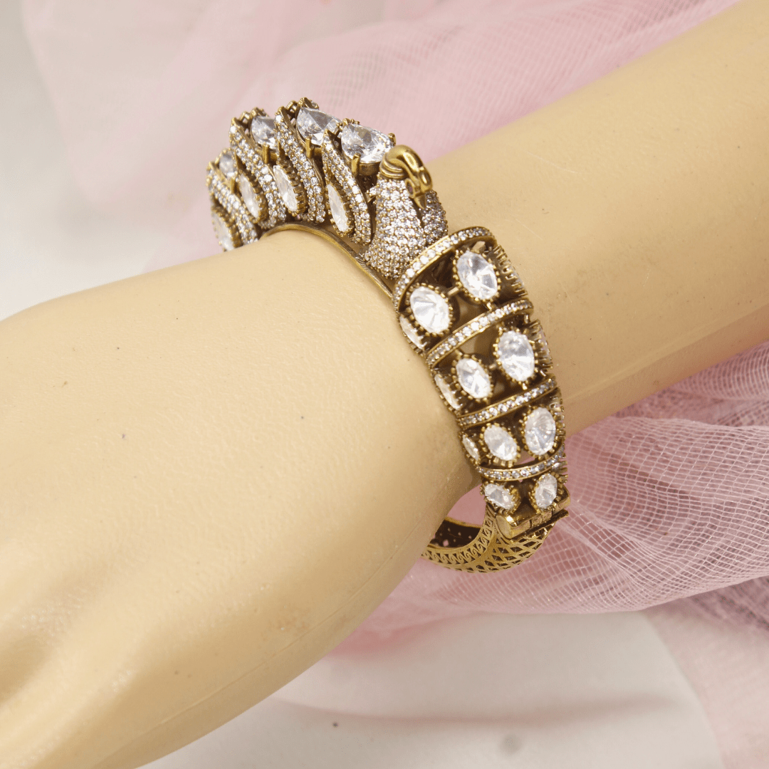 Swan Motif Polki Kada – Navraee Antique Gold Cuff Bang